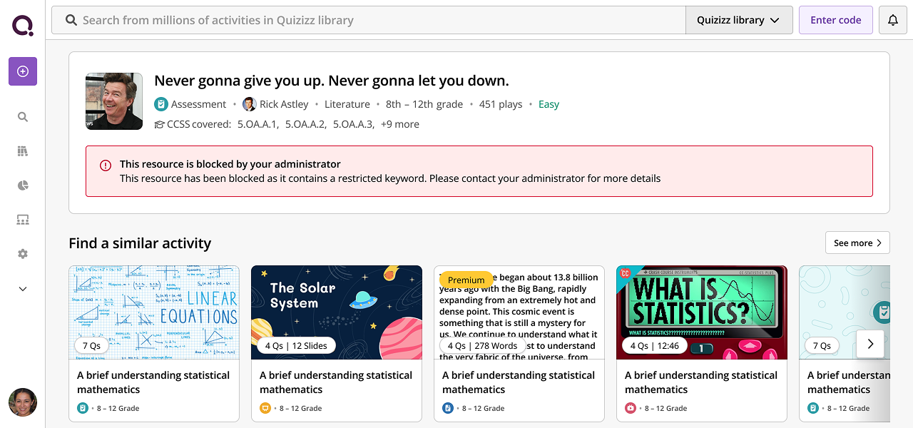 Activity details page for blocked content