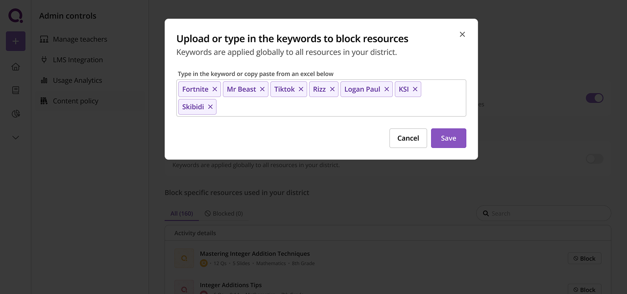 Content policy toggle and keyword blocking