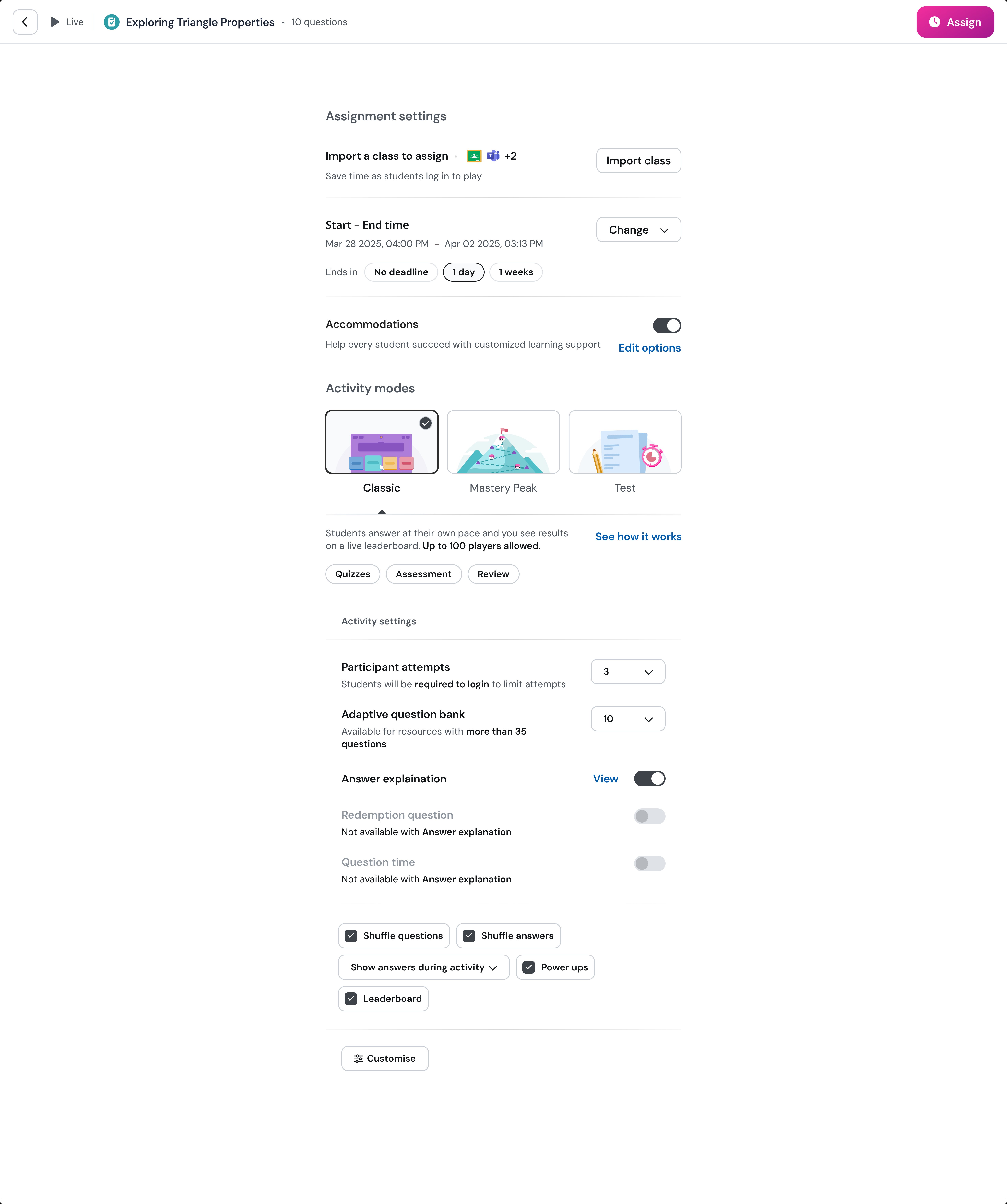 The pre-redesign session setup page — three modes visible (six were hidden), critical settings buried behind Customise, anti-cheating scattered across modes and chip rows