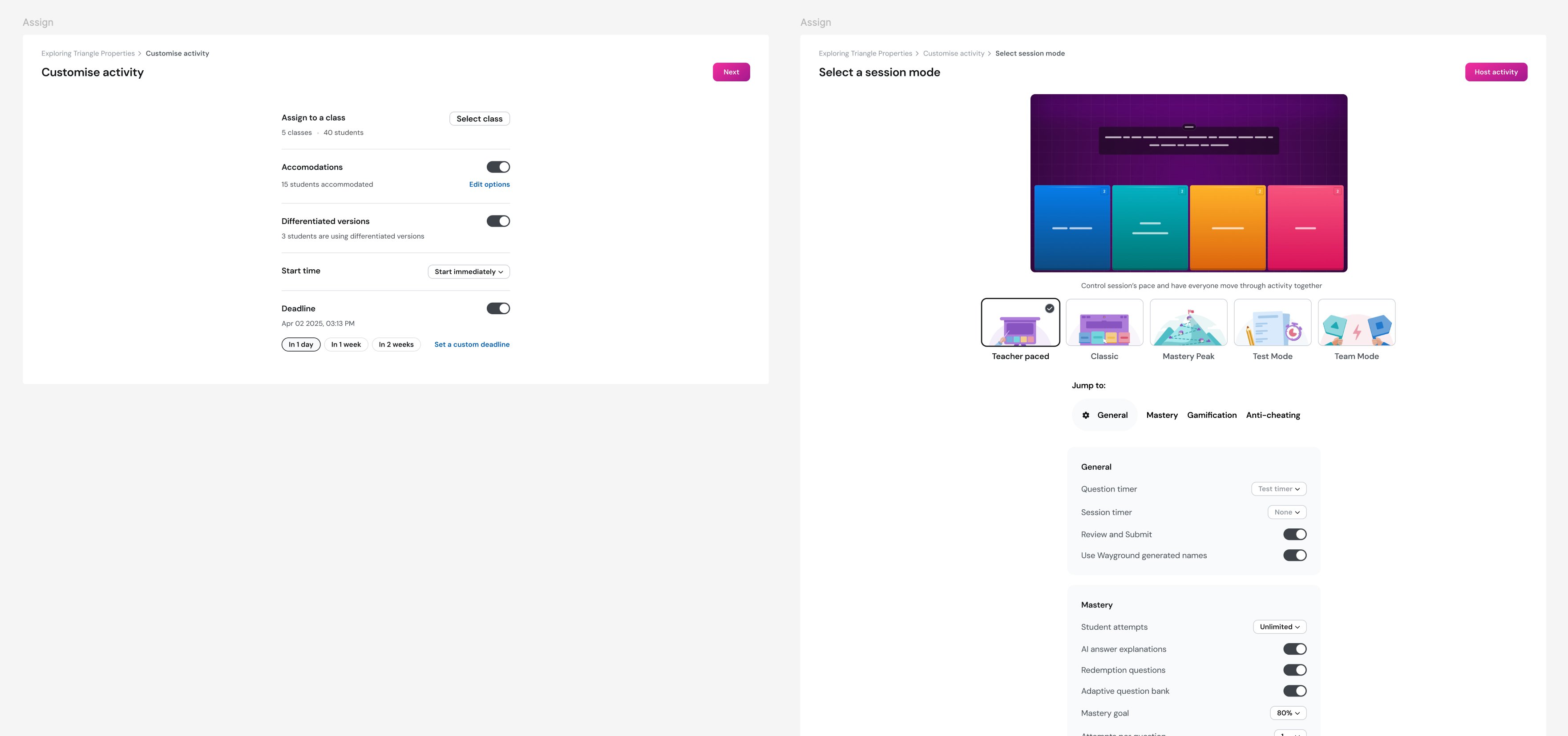 Approach 1 prototype — two-step setup with pre-mode horizontals on the left and mode-specific settings with preview on the right