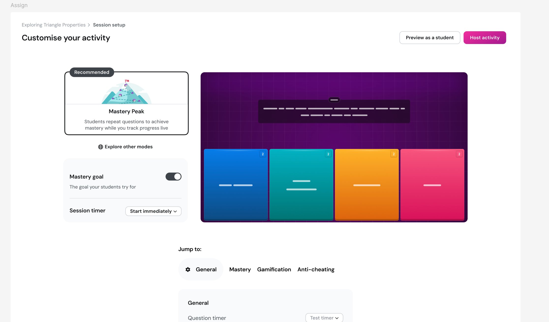 Approach 3 prototype — Mastery Peak shown as Recommended with explanatory subtitle