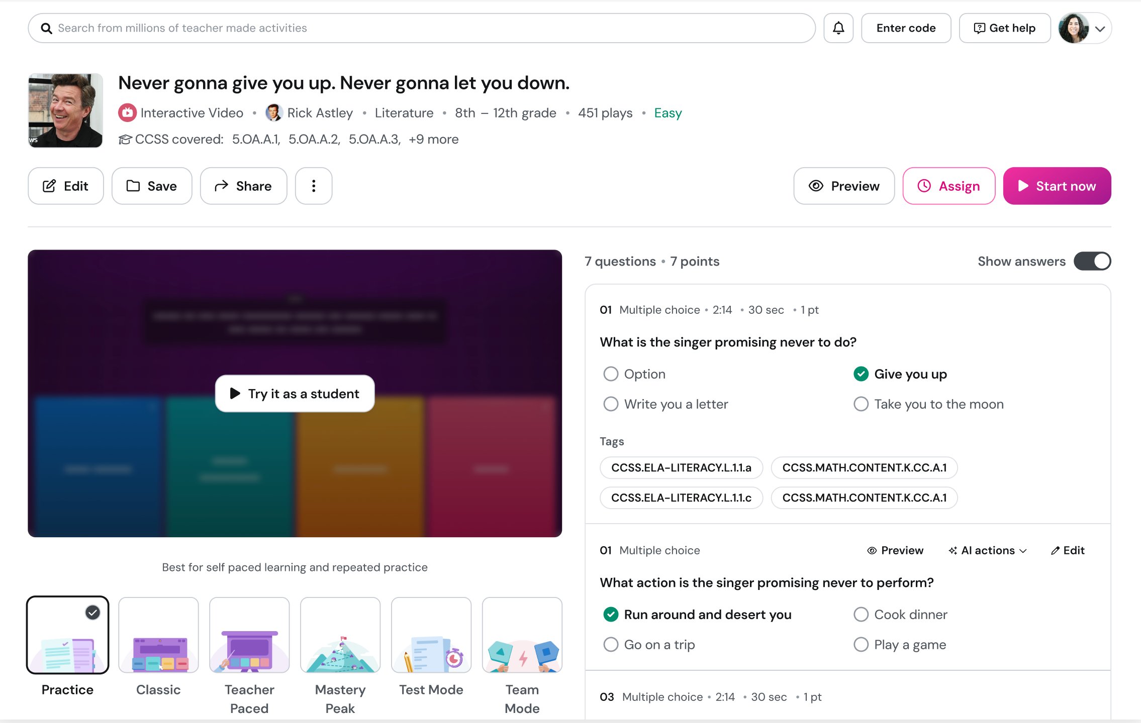 Approach 4 prototype — skip the setup page entirely; mode strip and CTAs on the activity detail page