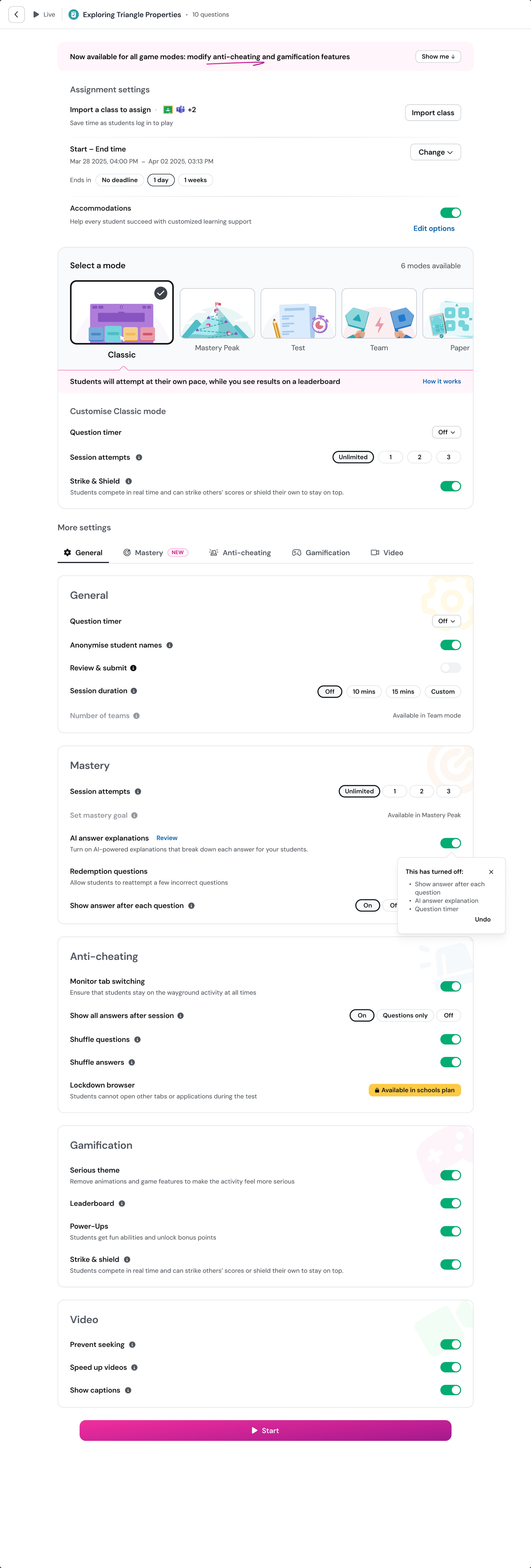 Iteration 1 shipped state — bucketed IA on a single setup page with mode carousel at top and all settings inline below in named buckets (General, Mastery, Anti-cheating, Gamification, Video)
