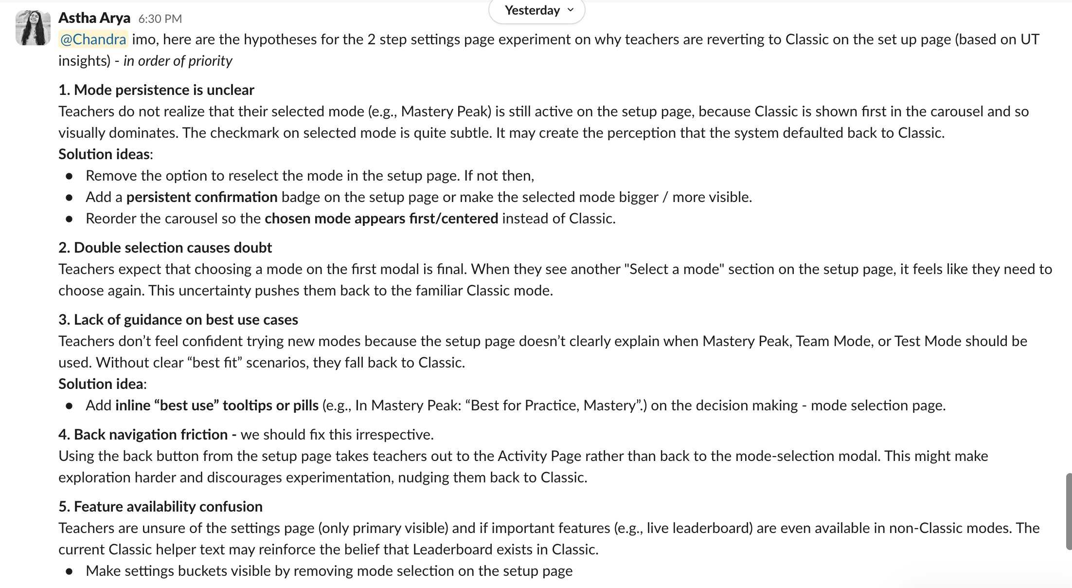 Astha's Slack message laying out five hypotheses about why teachers were reverting to Classic mode after iteration 1 launch