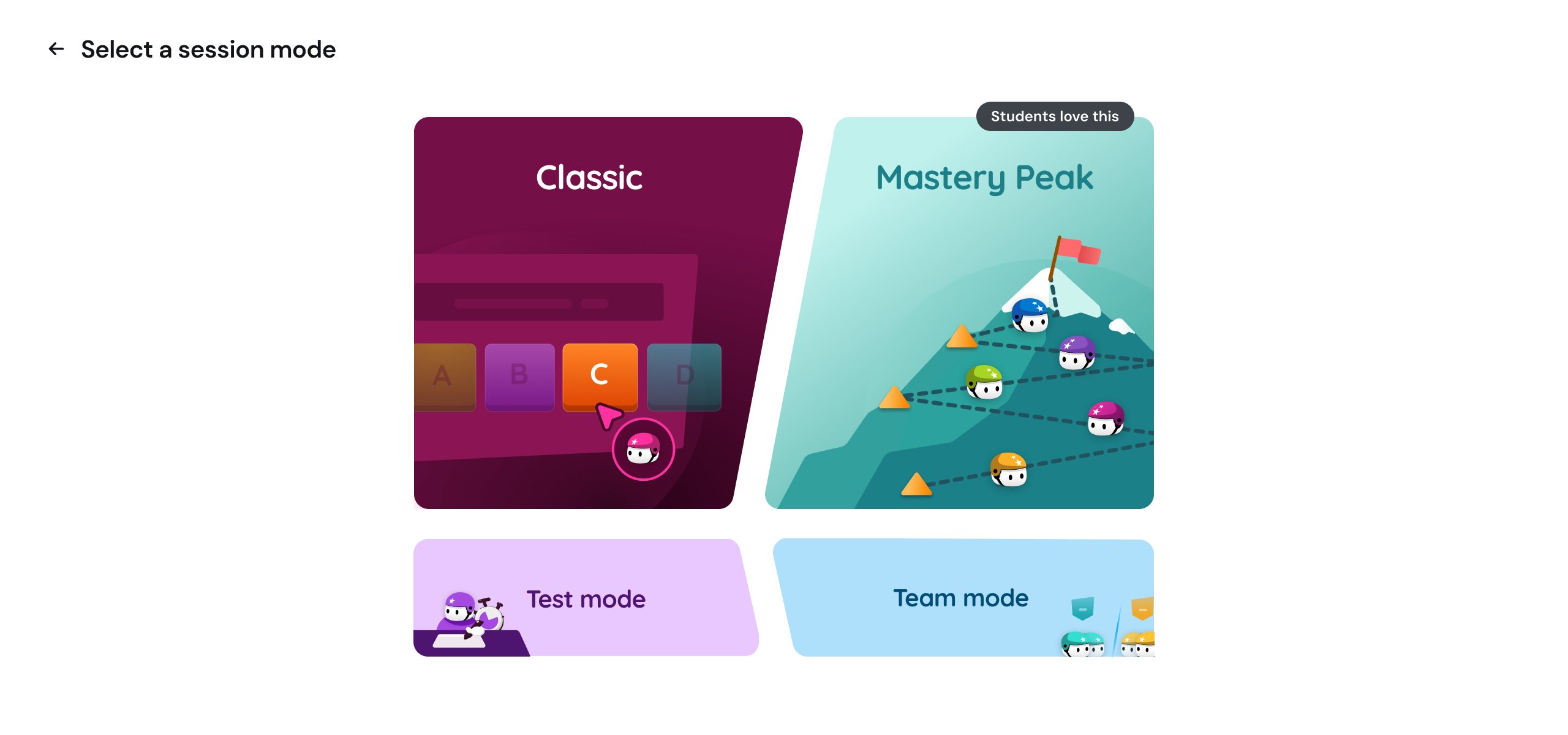 Wayground game settings — themed mode picker