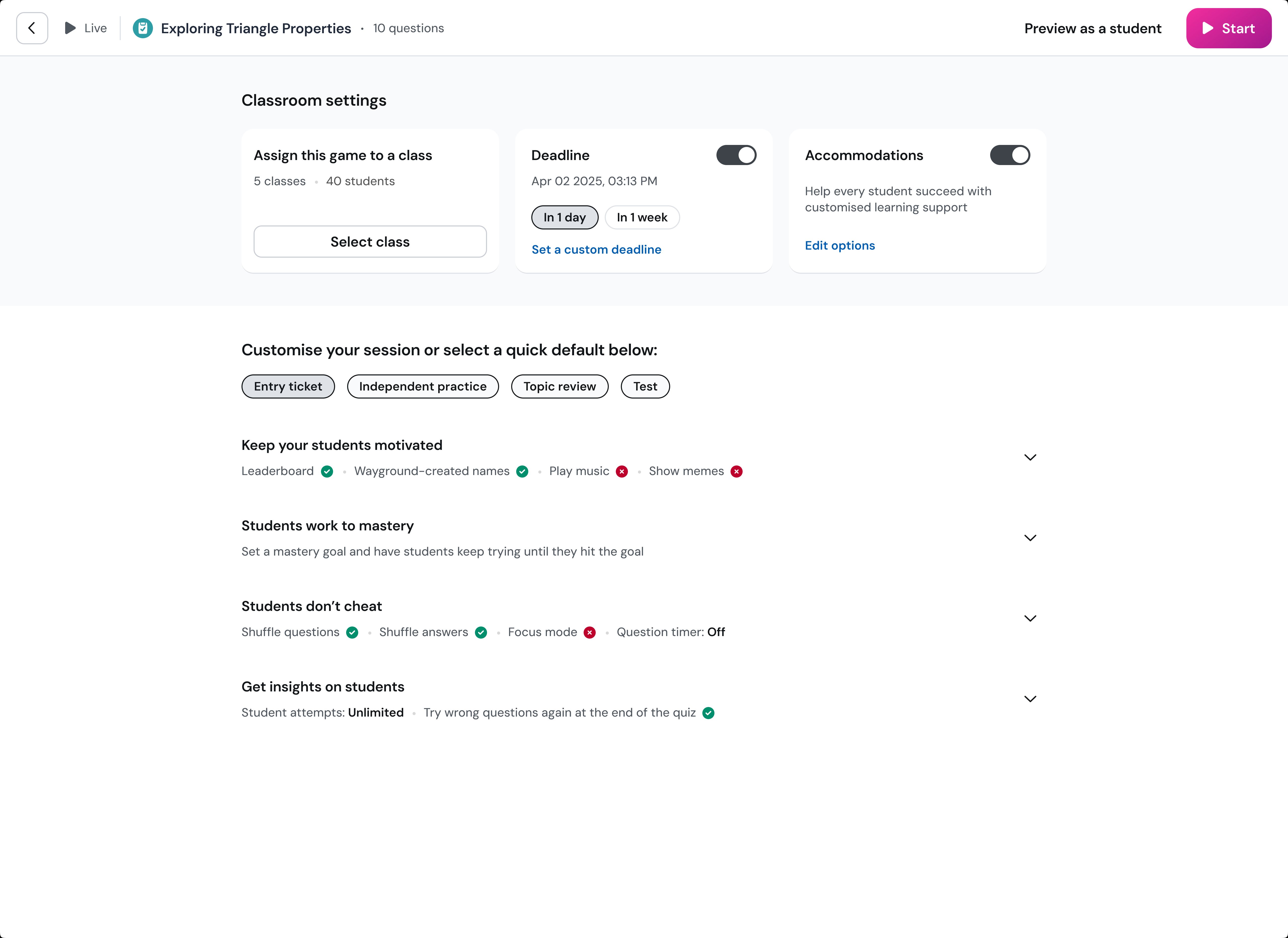 Discarded direction 1 — JTBD-named buckets like 'Keep your students motivated' and 'Students don't cheat' with quick-default templates above