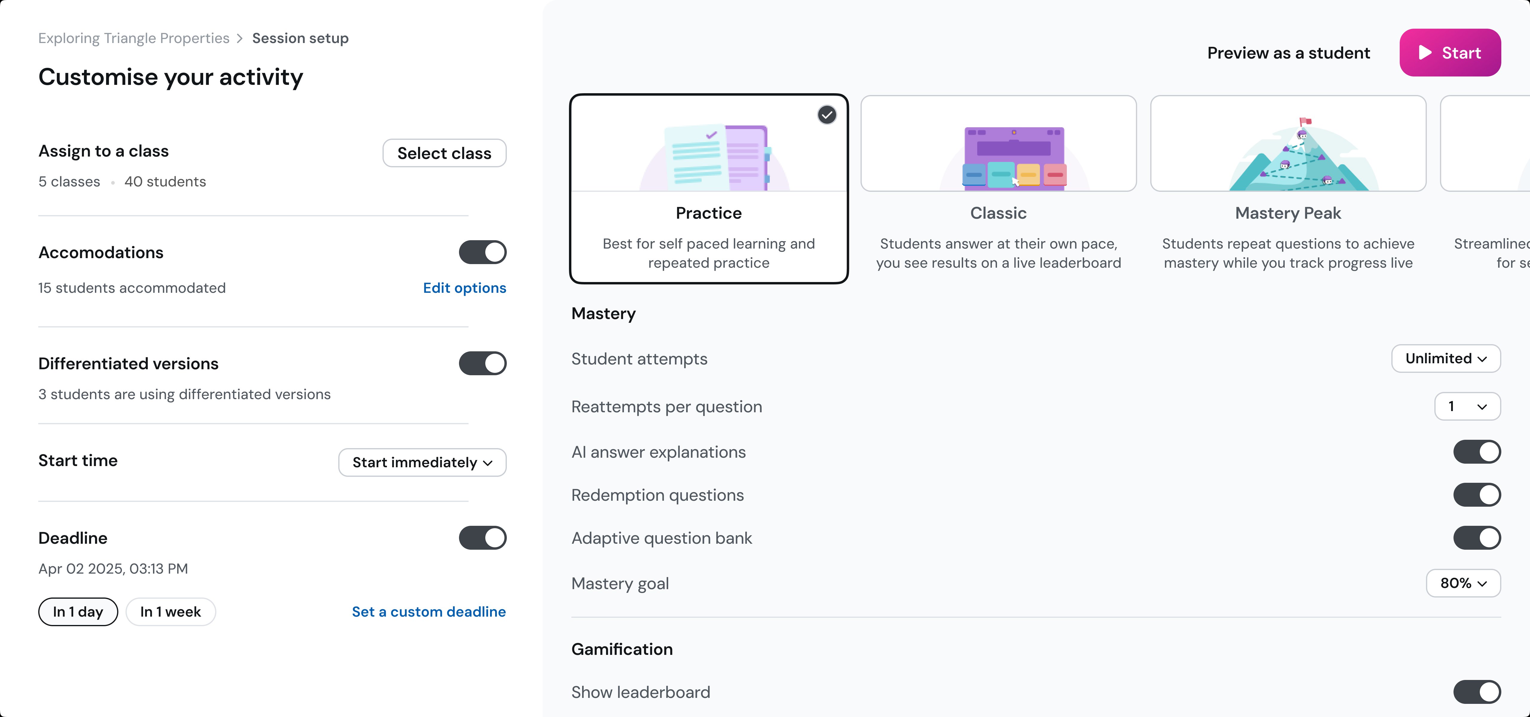 Discarded direction 3 — side-by-side layout with horizontal session settings on the left and mode picker plus mode-specific settings on the right