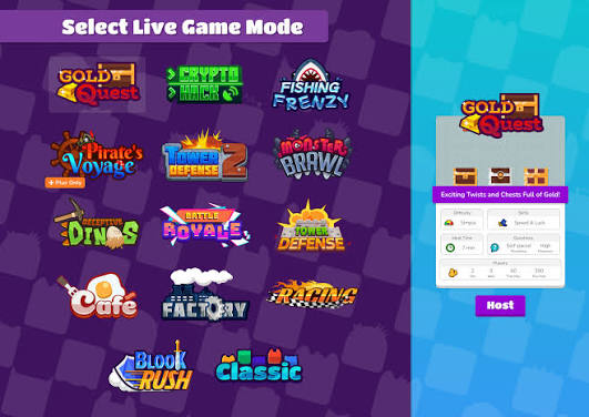 Blooket's game settings — a grid of distinct live modes, each its own universe