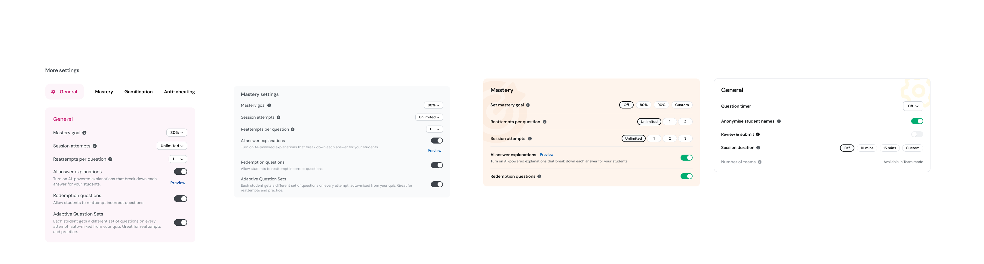 Iterations of the bucketed IA and settings grammar over time — explorations of how to visually distinguish each setting