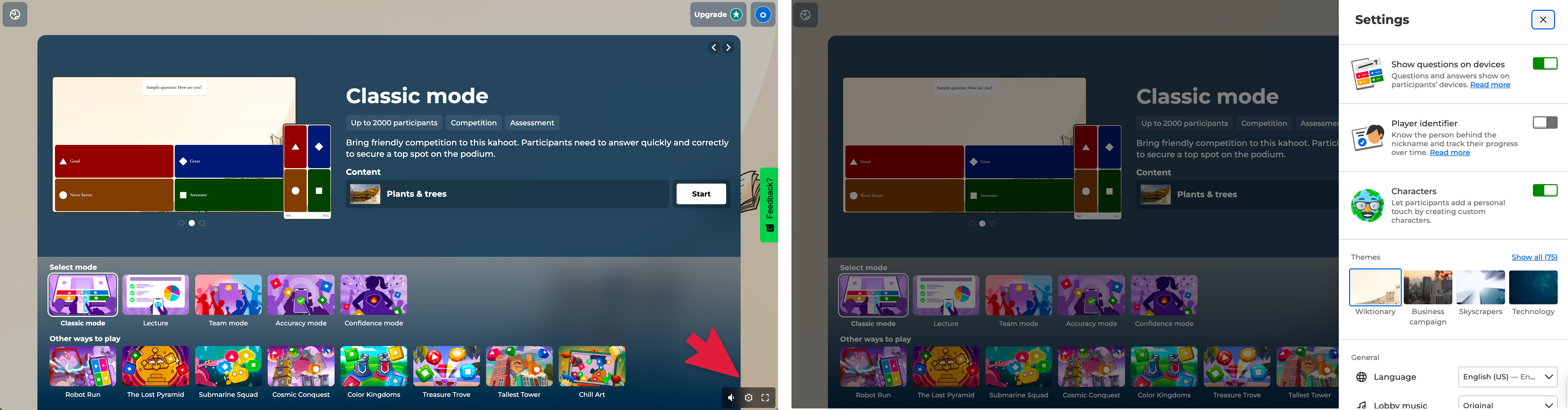 Kahoot's game settings — mode picker and lobby-phase gear settings
