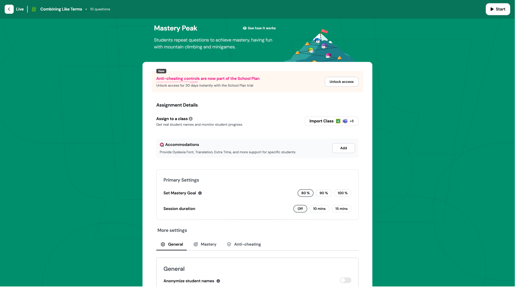 The Mastery Peak setup page in production after iteration 2 — themed page inherited from the mode picker, with primary settings and bucket sub-nav